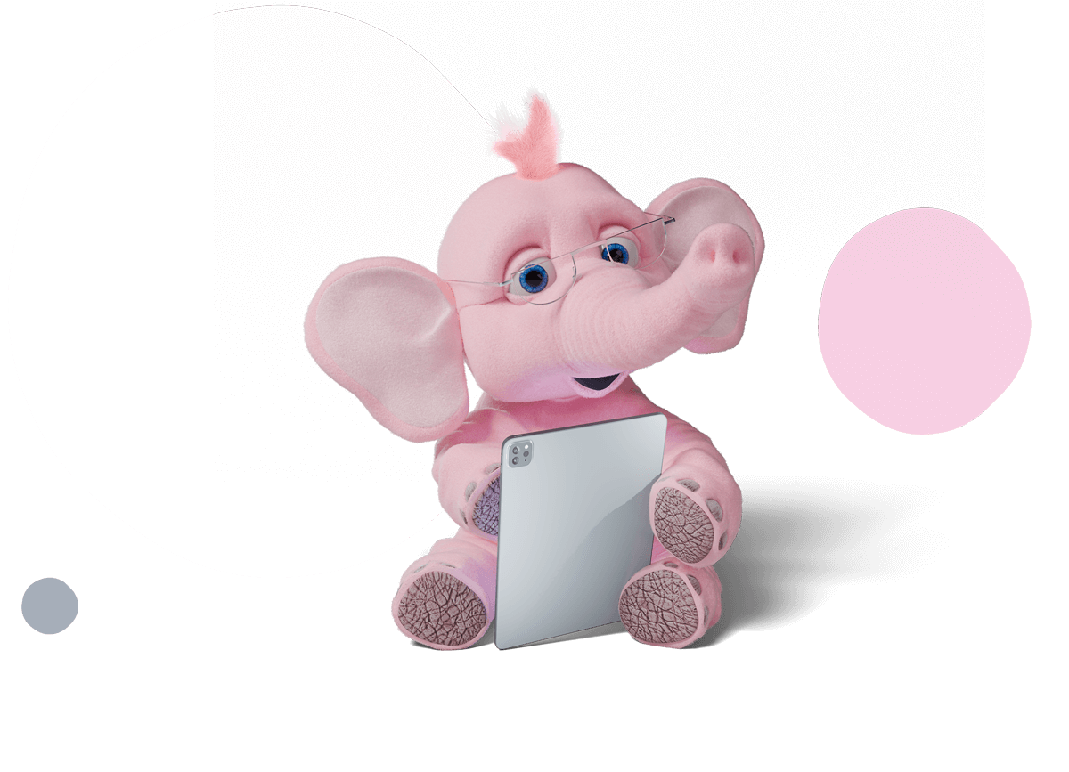 Tiny the elephant using a tablet.