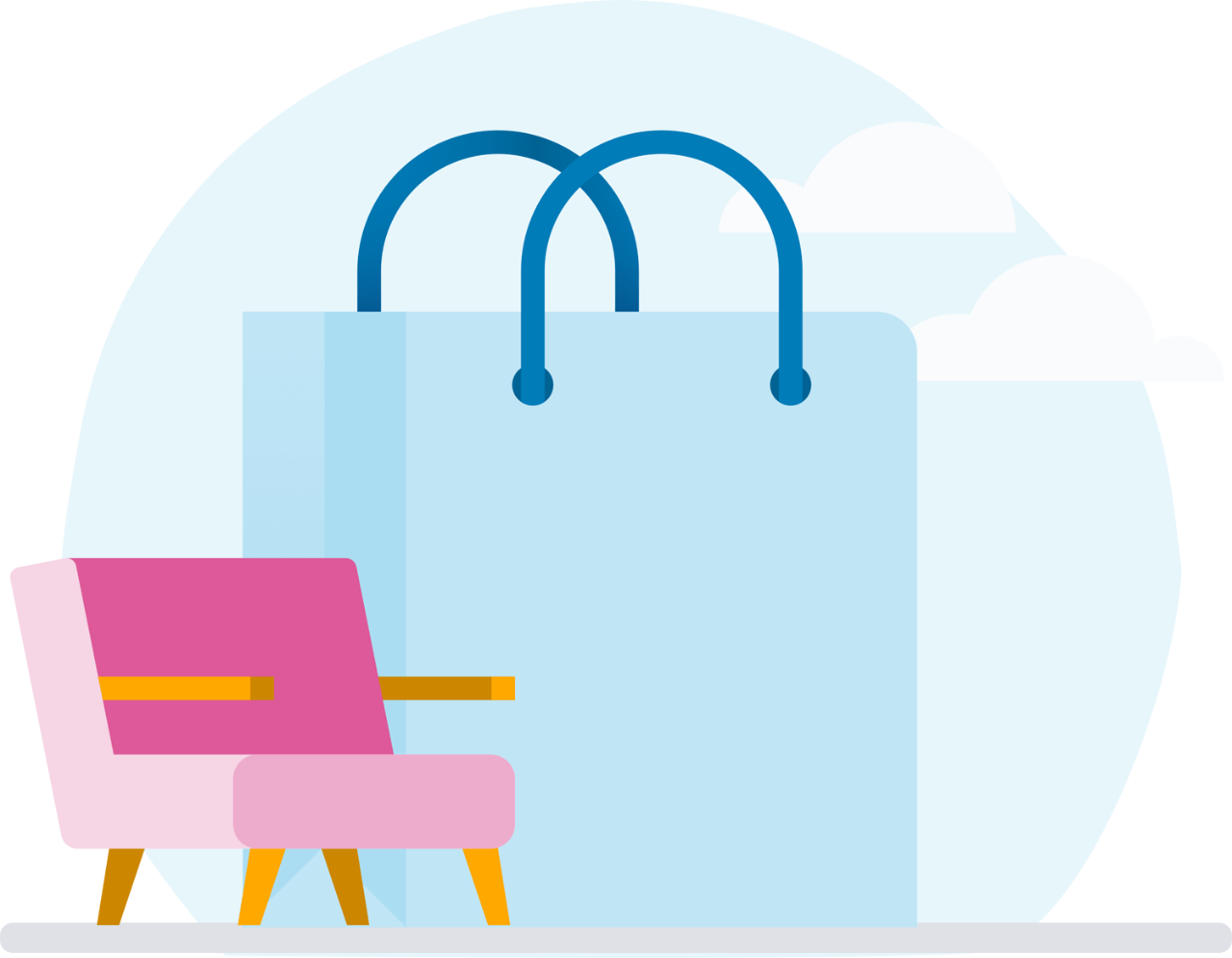 Illustration of a pink sofa and a large blue shopping bag.
