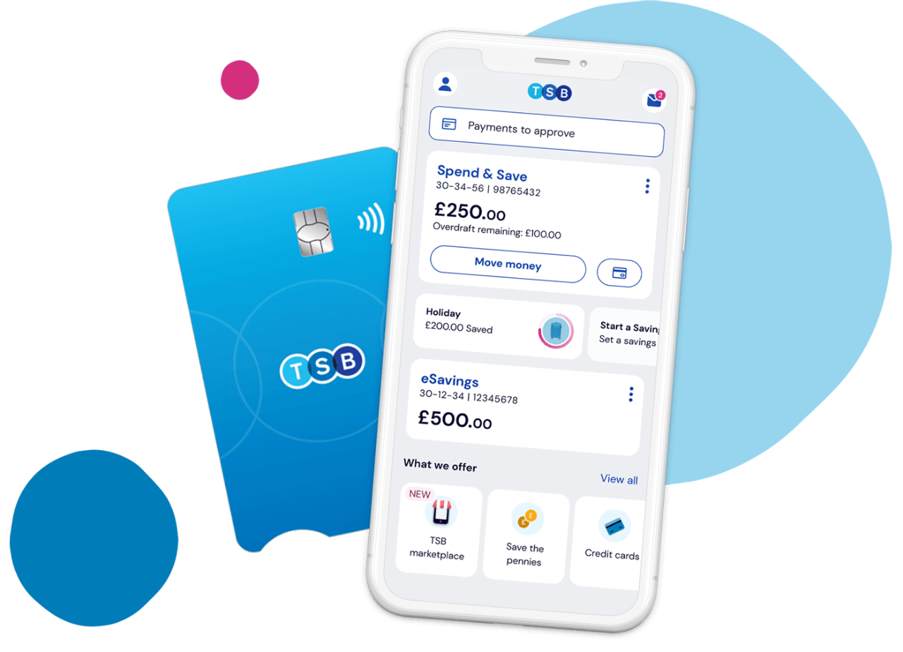 Mobile phone with TSB app and bank card.