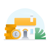 Illustrated white house with a stack of coins and a bush