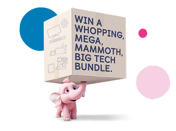 Tiny the Elephant holding a box of prizes with its trunk