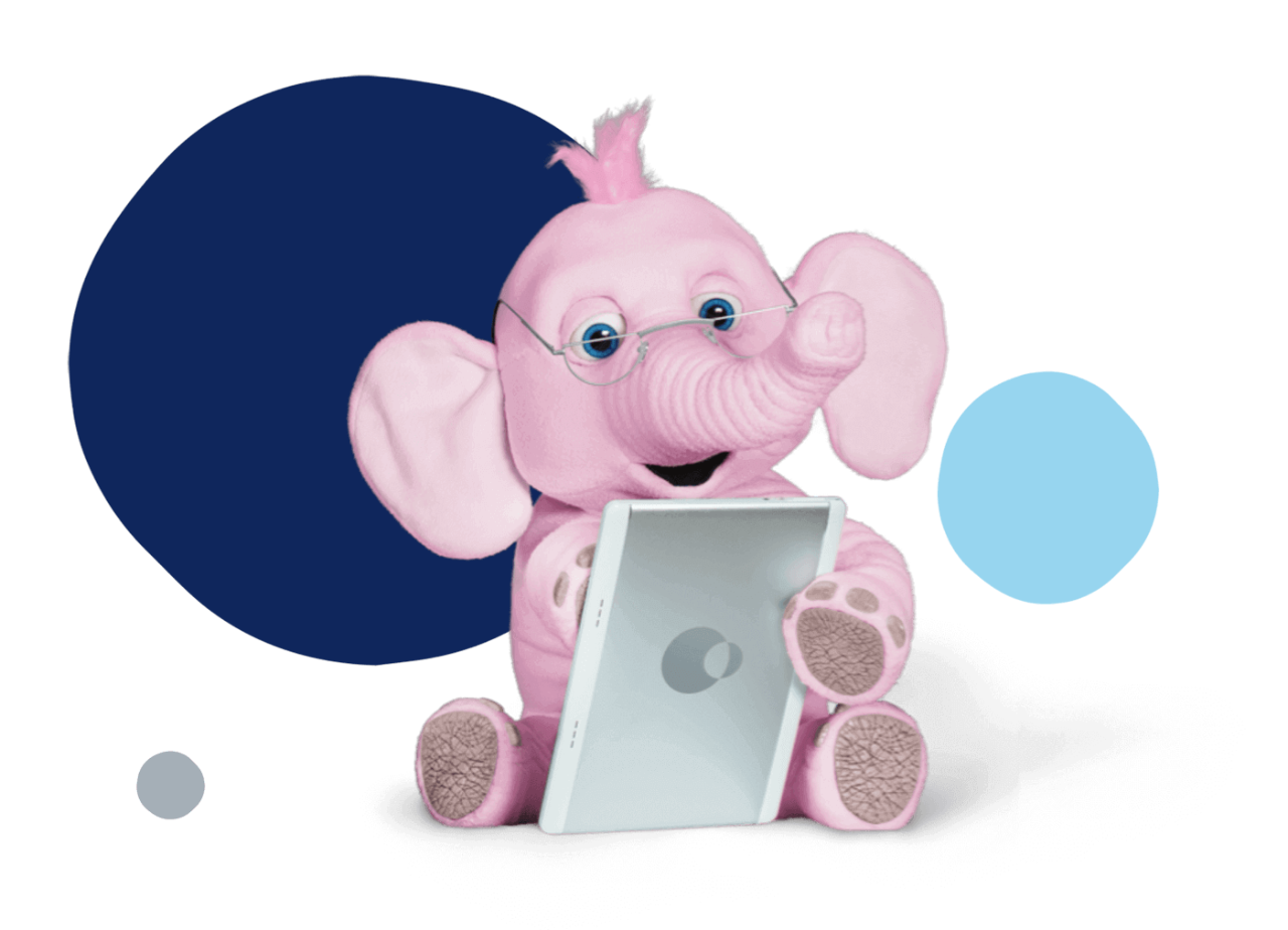 Tiny the elephant using a tablet.