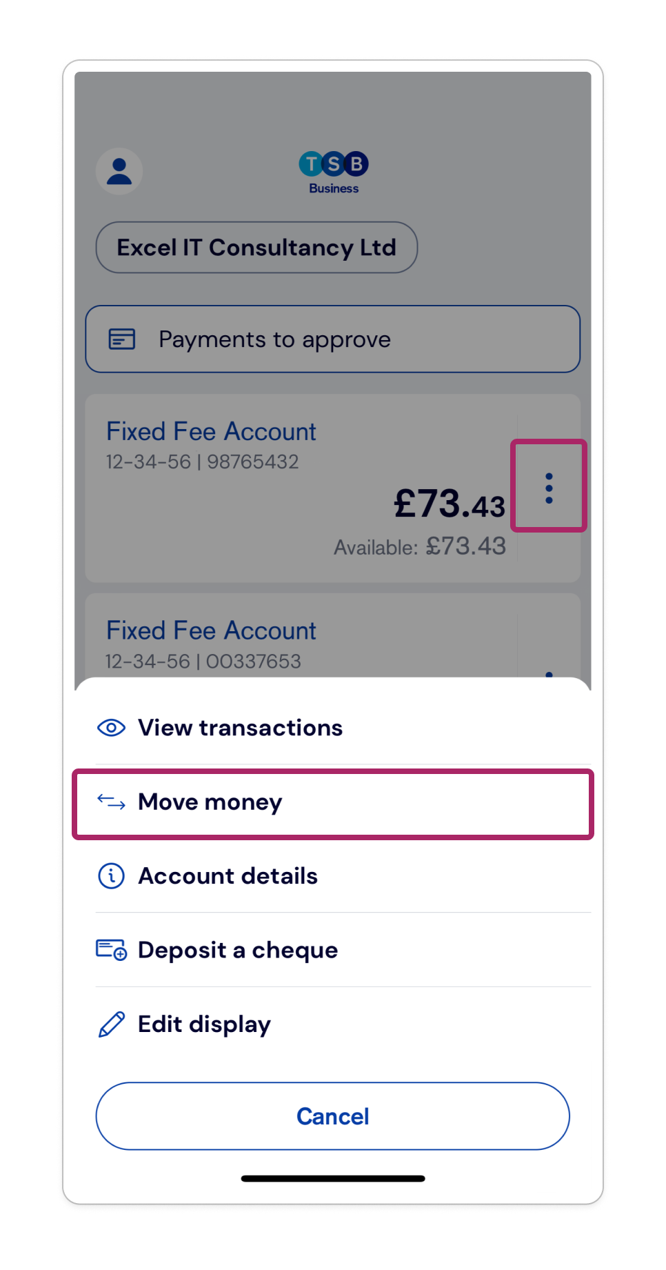 Tap on the three dots and then select ‘Move money’. Tap on the three dots and then select ‘Move money’.