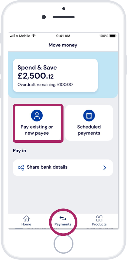 Login and tap the payments tab, then tap ‘Pay existing or new payee’. Login and tap the payments tab, then tap ‘Pay existing or new payee’.