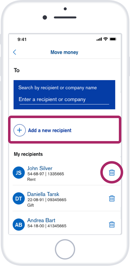 To add someone new tap ‘Add a new recipient’ and follow the instructions on screen. To delete someone tap the bin icon next to their name and follow the instructions on screen.