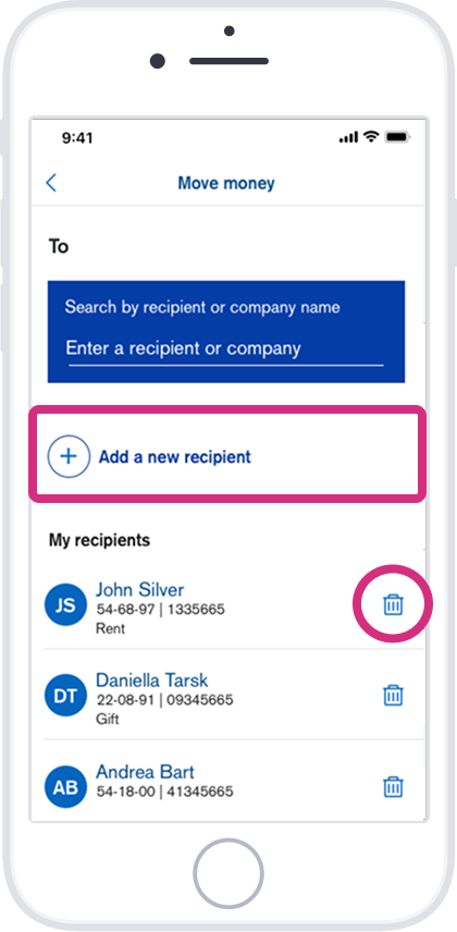 Choose an existing recipient or tap ‘Add a new recipient’. Tap the bin icon next to a name to delete it.