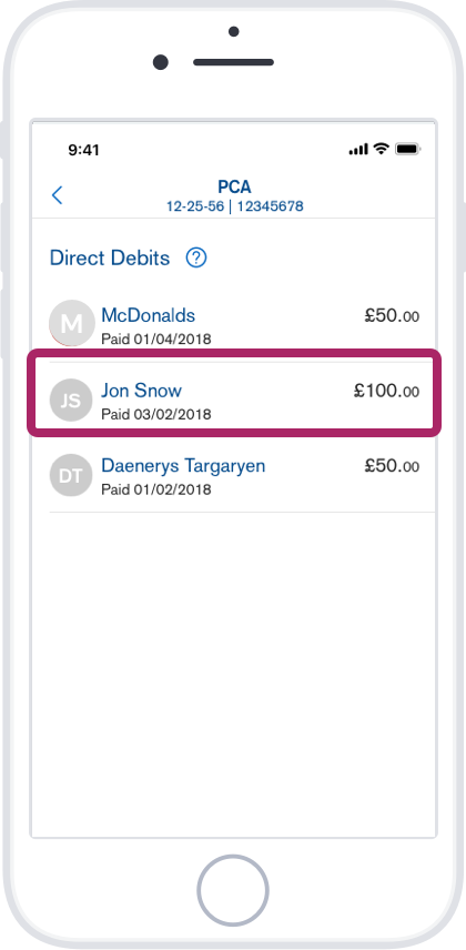 Tap the Direct Debit you want to cancel.