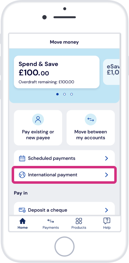 Tap ‘International payment’ Tap ‘International payment’