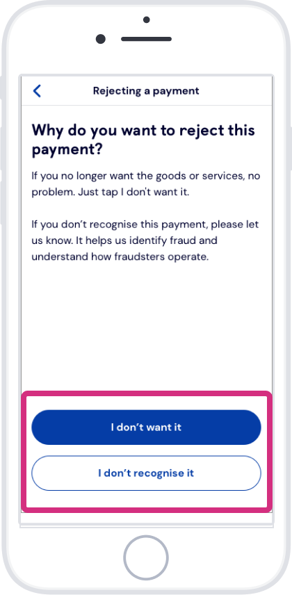 Choose why you want to reject the payment