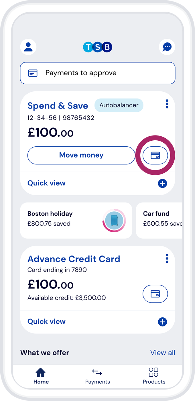 Tap the card icon on the homepage. Tap the card icon on the homepage.
