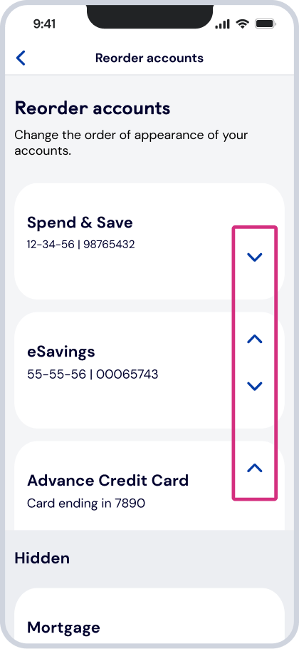 To reorder accounts use the arrows and tap ‘Save changes’