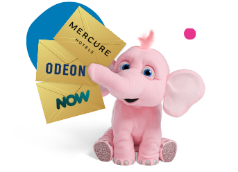 Tiny the elephant holding 3 golden envelopes