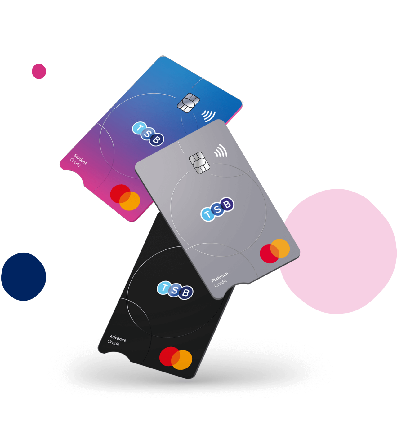 Three illustrated TSB credit cards