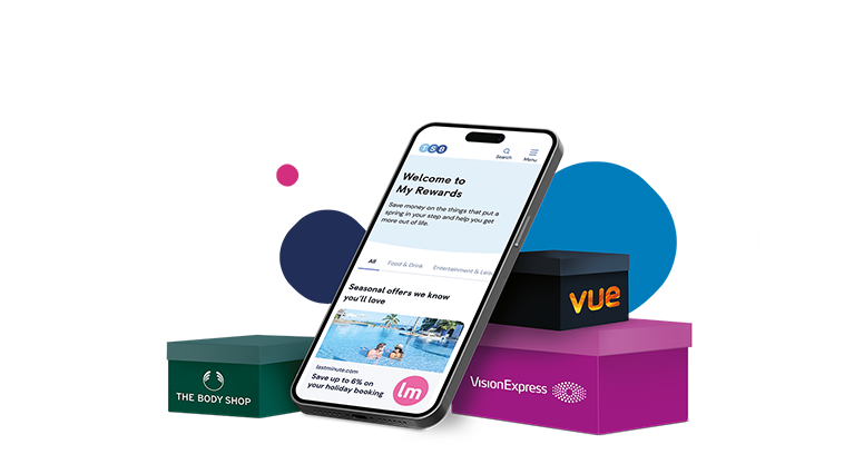 Mobile phone leaning on three reward partner boxes