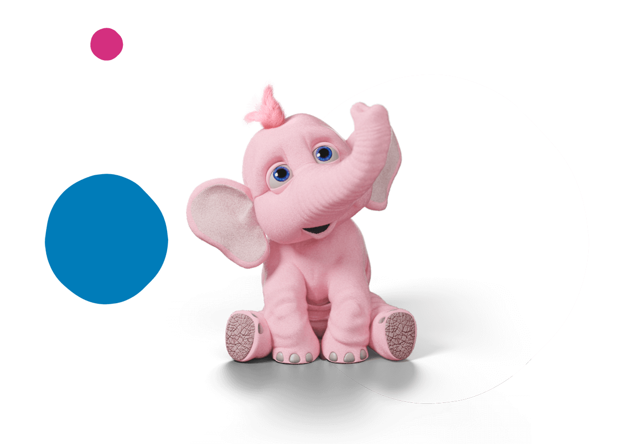 Pink elephant plush sitting in front of white blue and pink irregular circles