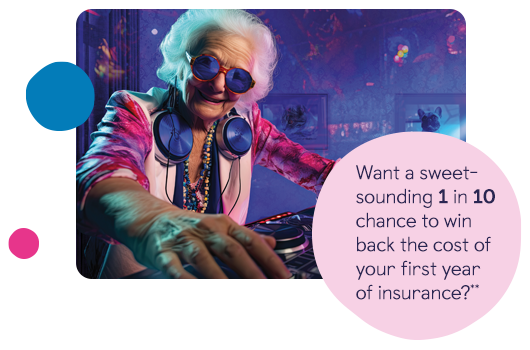 Want a sweet-sounding 1 in 10 chance to win back the cost of you first year of insurance?. DJ granny wearing sunglasses using turntables.