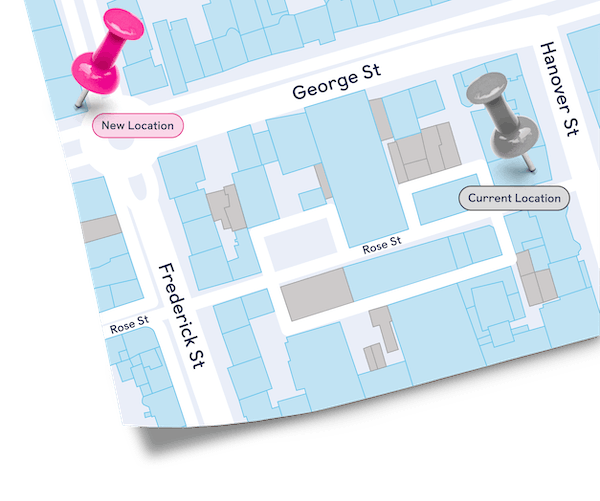 Map with pins indicating old and new branch location