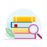 Stack of books with a pink magnifying glass
