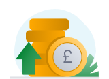 Stack of pound coins with a green arrow pointing upwards