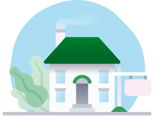 White house with green roof and for sale sign