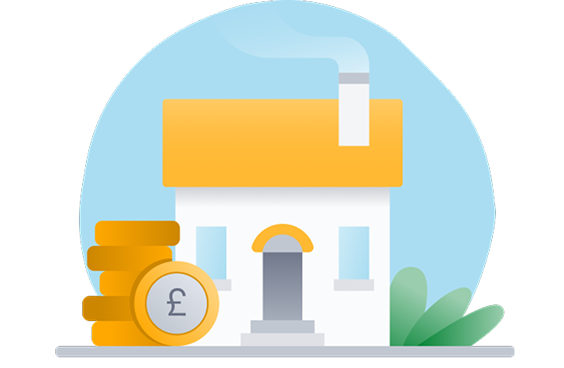 Illustrated house with coins and a bush.