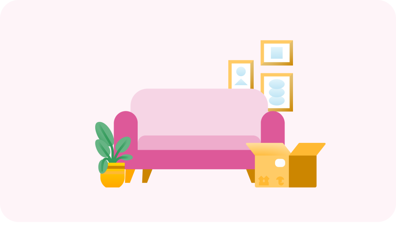 Illustrated pink sofa with a plant, box and photo frames on the wall