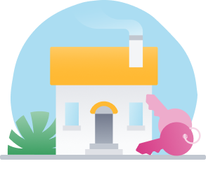 White house with yellow roof and pink keys