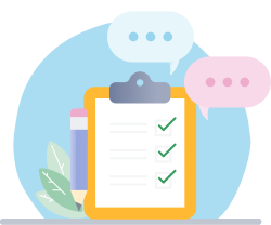 Clipboard with checklist and pencil with speech bubbles