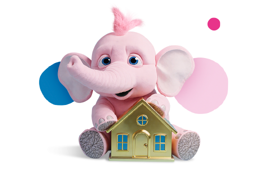 Tiny the elephant with a golden house