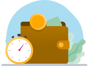 Wallet with coins and card with pocket watch