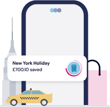 Mobile phone screen, yellow taxi, empire state building, shopping bag